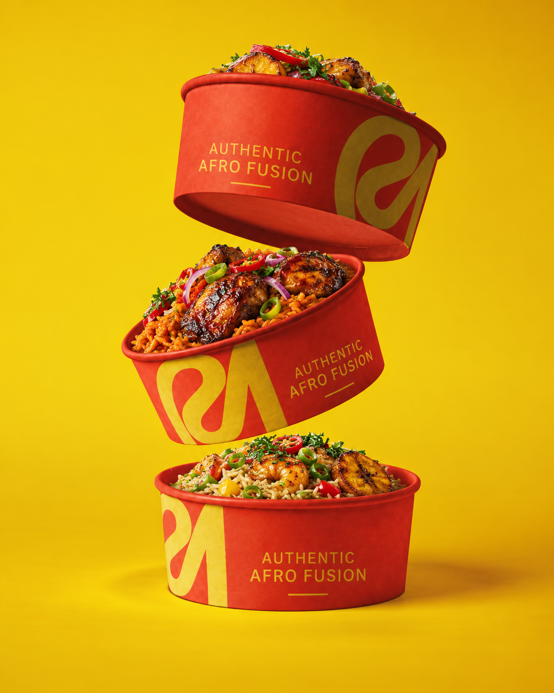 Three floating red Cally Munchy bowls filled with Afro-fusion dishes
