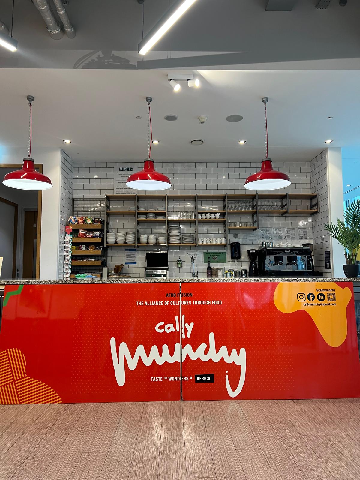 Cally Munchy workplace pop-up counter branded in red