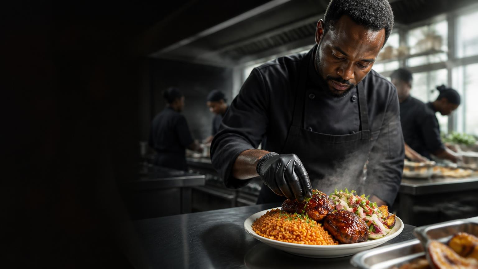 Chef plating West African food in a commercial kitchen